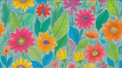 Crayon drawing background colorful floral pattern with leaves and vibrant flowers