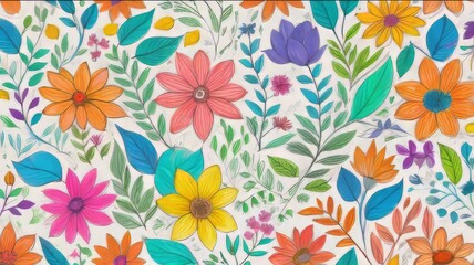 Crayon drawing background colorful floral pattern with leaves and vibrant flowers