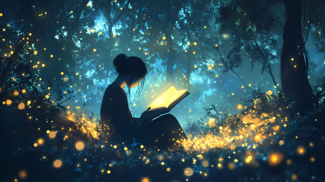 Enchanting night scene of a woman reading a glowing book amid magical swirling lights in a mystical forest setting. Whisper. Illustration