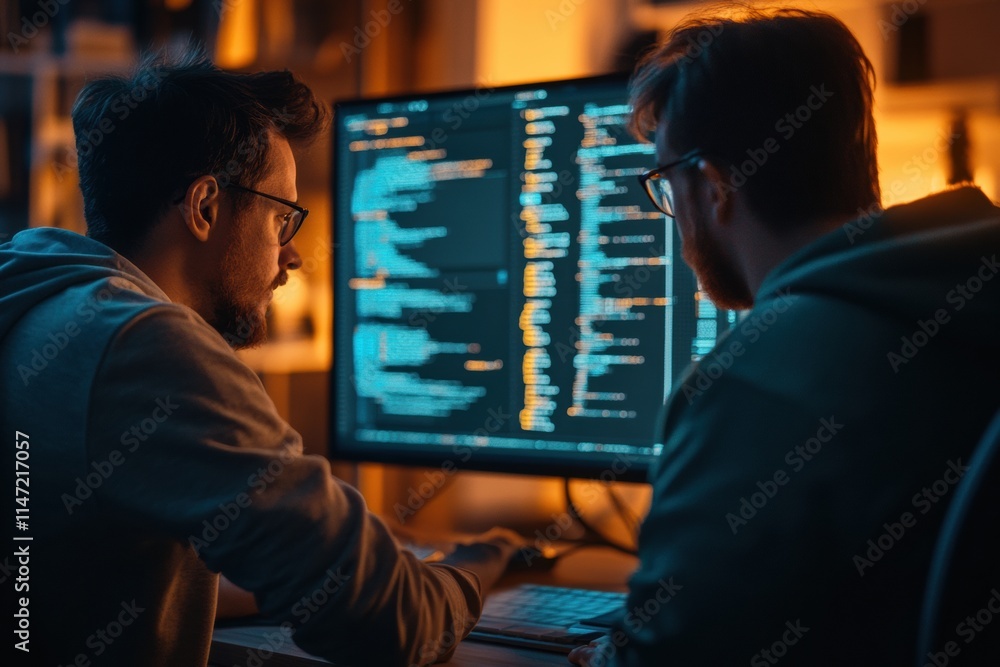 Poster collaboration between a human and ai in a tech workspace during evening hours for task completion. g
