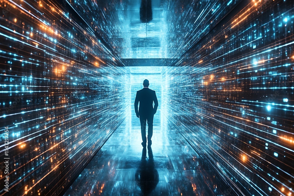 Poster man walking into digital data stream. concept of technology, future, innovation.