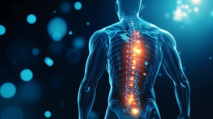 anatomical illustration of human spine with glowing pain points for medical and healthcare concepts with a copy space for text