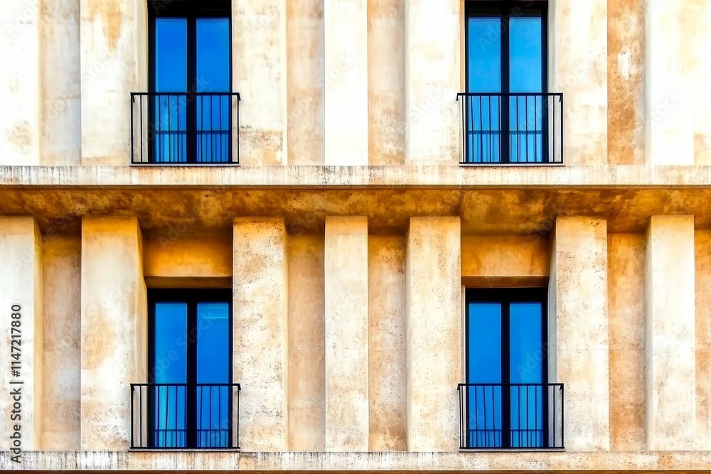 Poster a modern building facade featuring rows of windows and decorative columns.