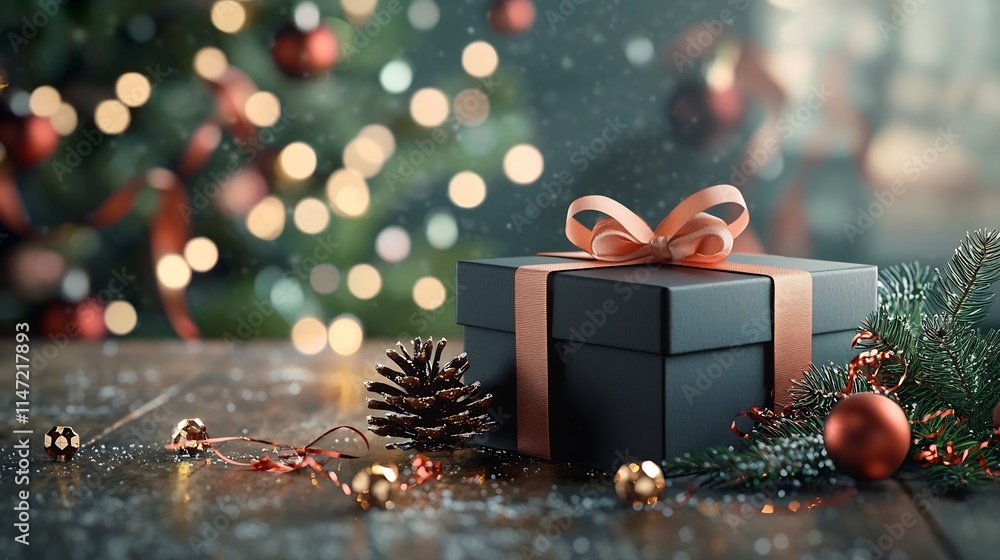 Poster elegant blank gift box mockup with a ribbon tied around it placed on a festive table setting this 3d