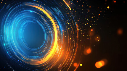 Abstract background with blue and orange light lines, circles, and dots. Technology concept for digital data transfer or internet connection