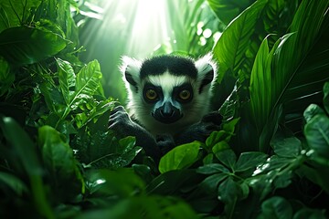 A curious lemur peers through the lush green foliage of a tropical jungle.
