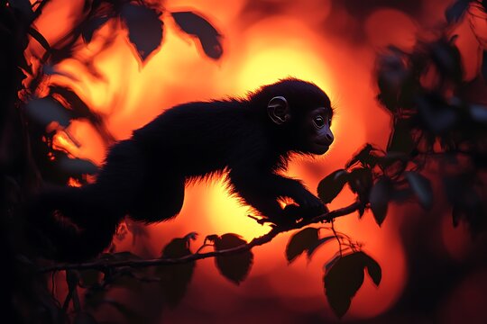 A tiny monkey silhouette climbs a branch against a vibrant sunset backdrop, creating a captivating image of wildlife in its natural habitat. - Powered by Adobe