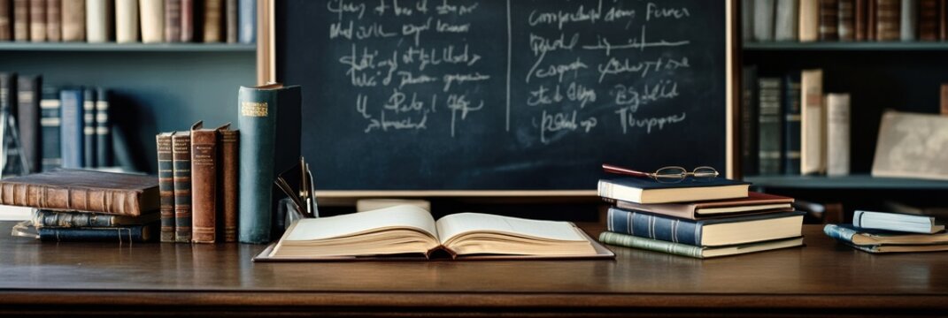 Desk filled with books and notebooks suggesting a creative workspace with ample copy space for notes. Generative AI