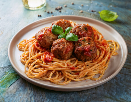 Joli plat de spaghettis aux boulettes de viande et sauce tomate