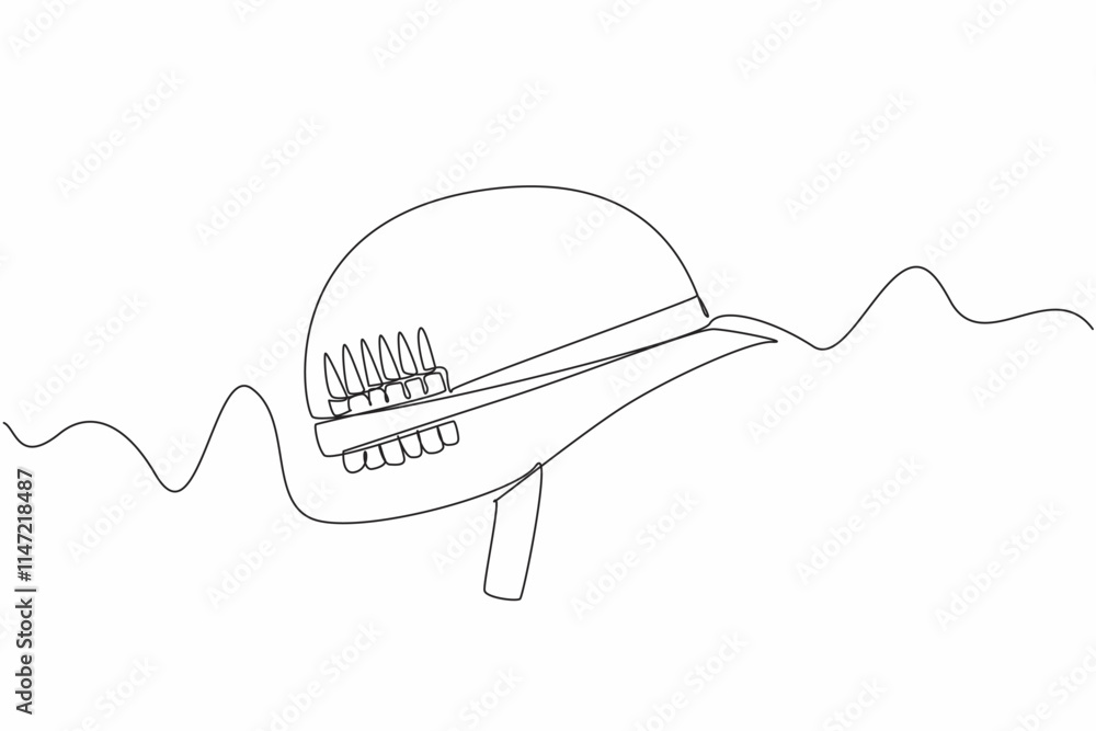 Poster single one line drawing an army helmet with bullet stock attached to the helmet. be prepared. battle