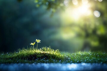 Obraz premium A serene scene featuring two flowers on a grassy mound, illuminated by soft sunlight.