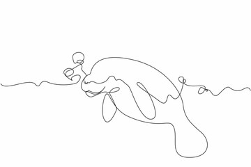 Single one line drawing the manatee swimming with lots of air bubbles. Marine biota. Maintaining the balance of marine life. Manatee Appreciation Day. Continuous line design graphic illustration