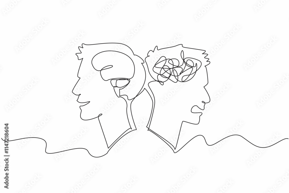 Aufkleber continuous one line drawing two heads with different emotions. expression of feelings, depends on wh