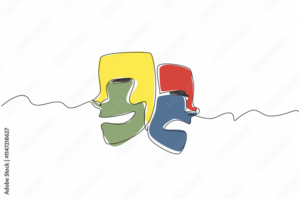 Poster continuous one line drawing two theater masks with different expressions. role-playing entertainment