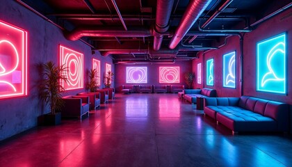 Sleek lounge area in an industrial setting with glowing neon patterns and minimalist furniture