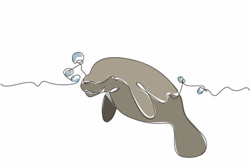 Single one line drawing the manatee swimming with lots of air bubbles. Marine biota. Maintaining the balance of marine life. Manatee Appreciation Day. Continuous line design graphic illustration