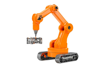 A robotic arm with an orange structure and a gripping mechanism, positioned to hold a detailed mechanical component.