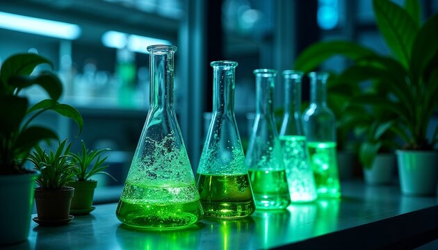 Row of Erlenmeyer flasks with glowing green algae solutions on a reflective surface surrounded by plants