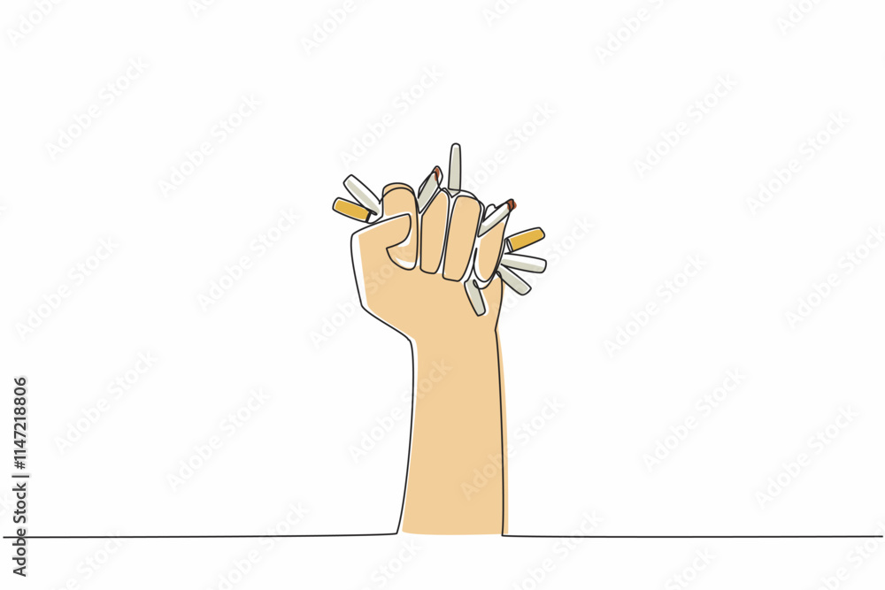 Aufkleber single continuous line drawing a clenched hand crushing cigarettes in grip. symbol of firm statement