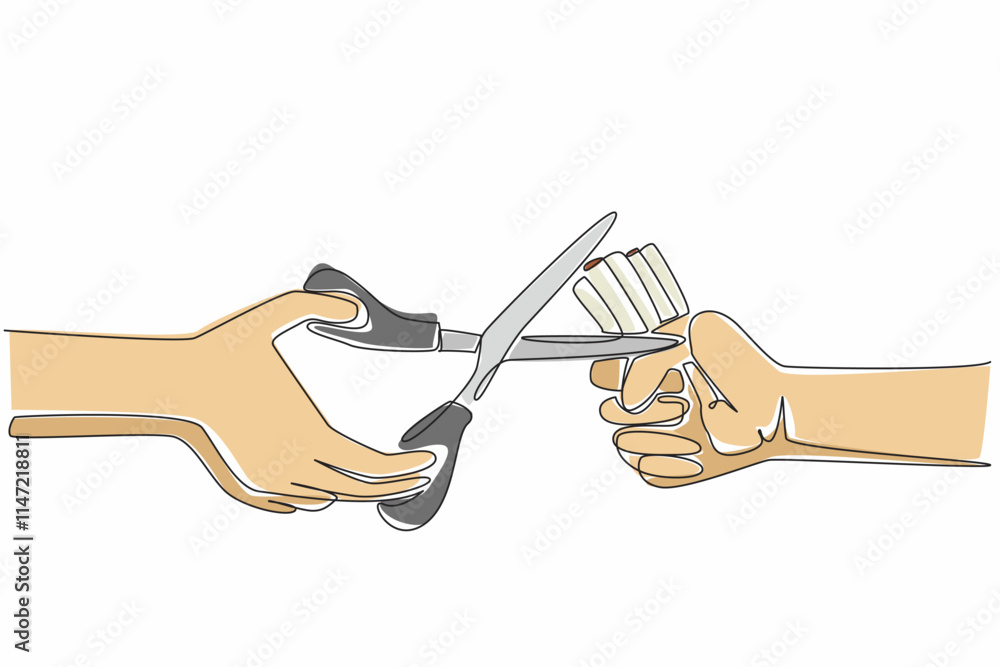 Poster continuous one line drawing one hand clenching the cigarettes while other hand ready to cut them. re