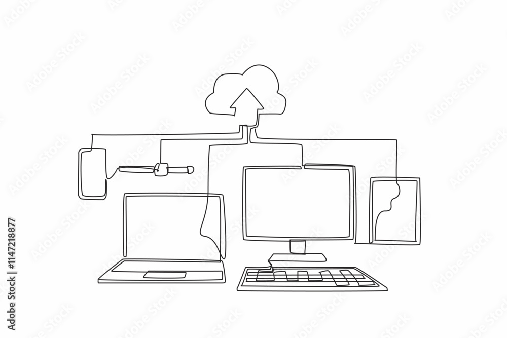 Poster continuous one line drawing some gadget devices upload data to the cloud. very easy storage media. c