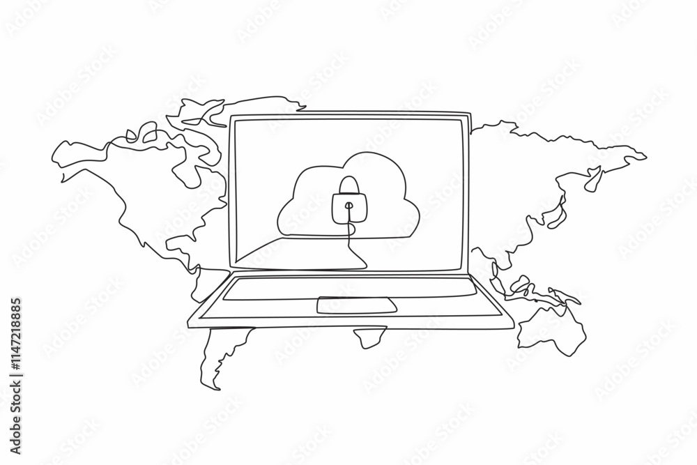 Aufkleber continuous one line drawing cloud server and padlock in the middle of the laptop monitor screen. bac