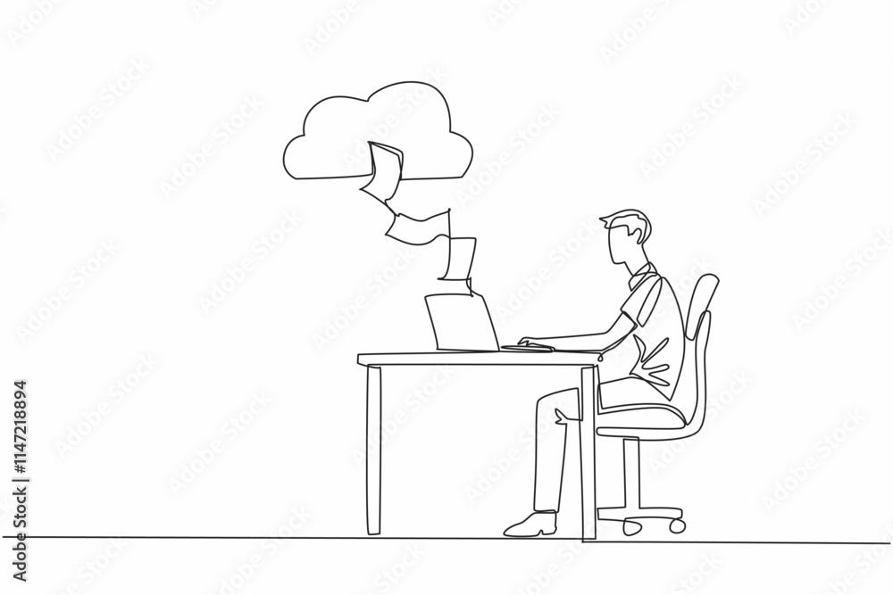 Poster single continuous line drawing man typing on laptop at desk. every worksheet is saved directly to cl