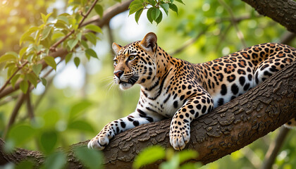 Fototapeta premium Leopard resting on tree branch in lush forest