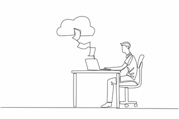 Single continuous line drawing man typing on laptop at desk. Every worksheet is saved directly to cloud server. Make work easier. Adv technology. World Backup Day. One line design vector illustration