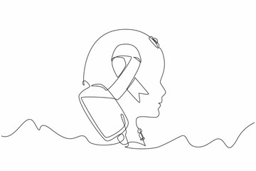 Single one line drawing head silhouette of child made of infusion cable. Caring. Affection. Maximum care. Illness. National Cerebral Palsy Awareness Month. Continuous line design graphic illustration