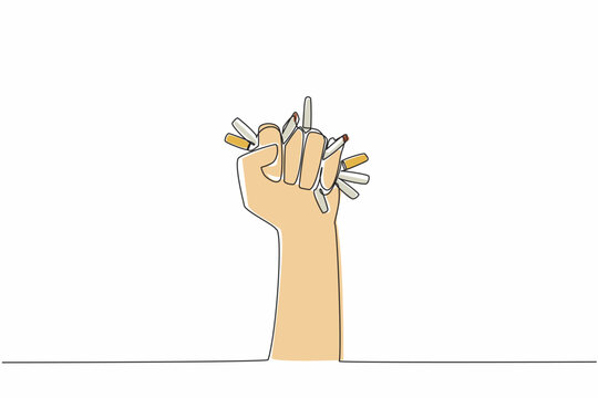 recommend clip art: Single continuous line drawing a clenched hand crushing cigarettes in grip. Symbol of firm statement. Rejecting harmful substances that have no benefit to humans.  One line design vector illustration