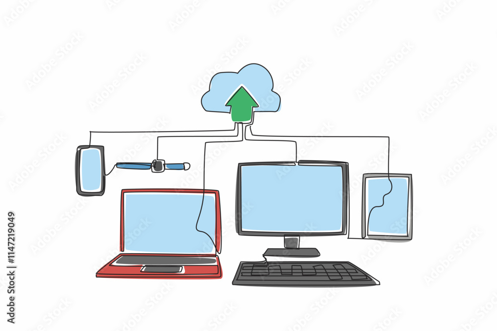 Poster continuous one line drawing some gadget devices upload data to the cloud. very easy storage media. c