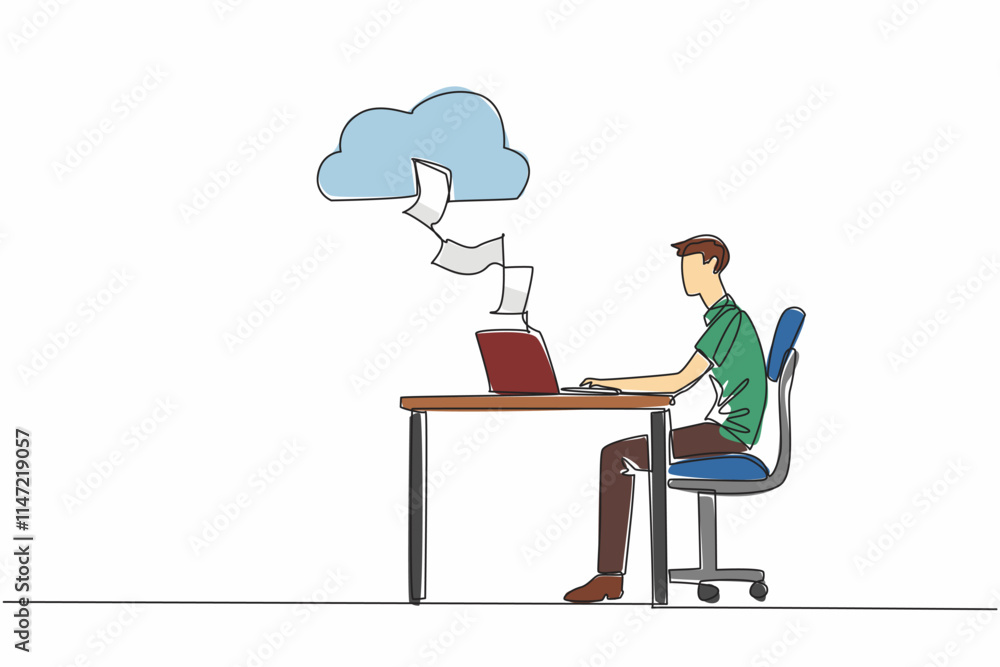 Poster single continuous line drawing man typing on laptop at desk. every worksheet is saved directly to cl