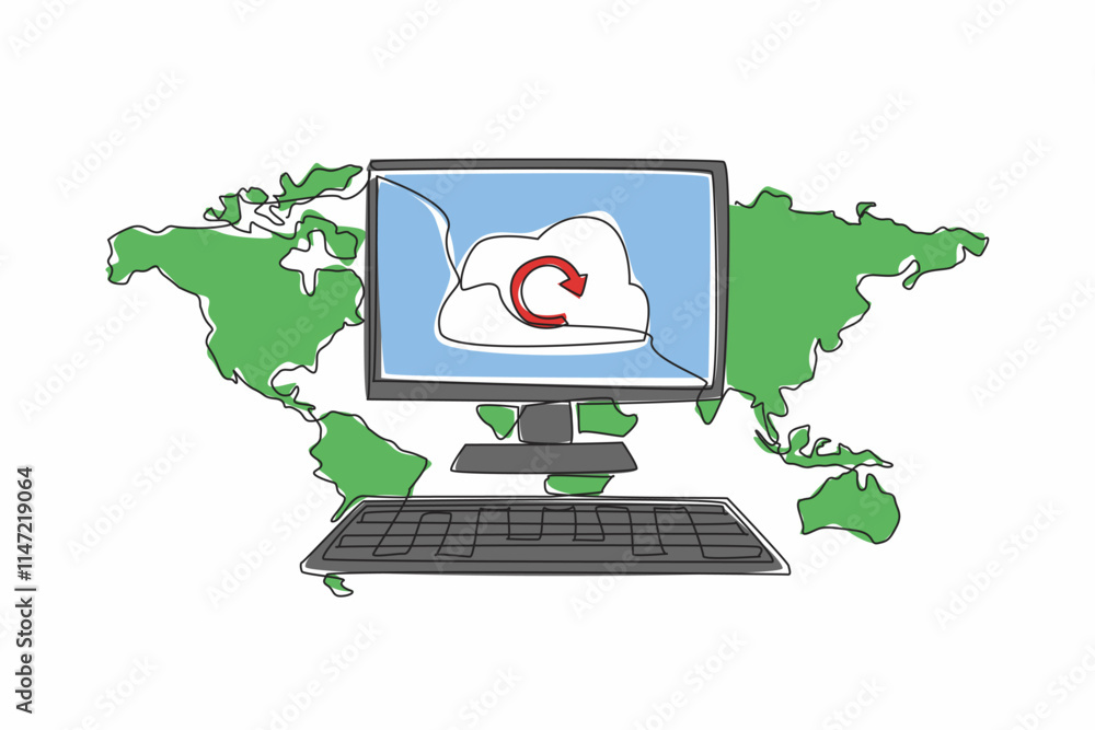 Poster single continuous line drawing monitor, keyboard with world map background. sync to cloud storage. s