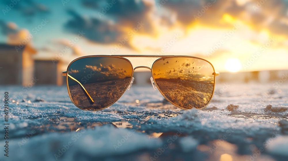 Poster sophisticated sunglasses mockup lying on a clean minimalist surface with reflections of the sun this