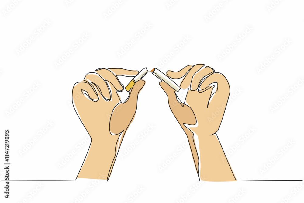 Aufkleber continuous one line drawing two hands breaking a cigarette into 2 parts. blunt refusal to not smoke.