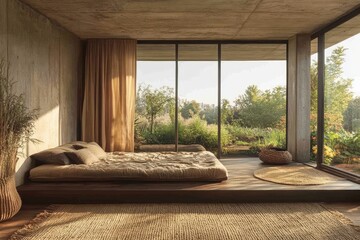 Minimalist bedroom design with natural elements and garden view