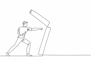 Single continuous line drawing man hits big cigarette stick until it breaks. Determined to live healthier than before. Resistance against addictive substances. One line design vector illustration