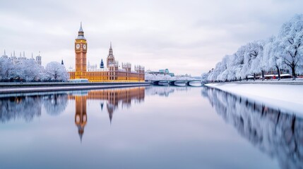 Snowy London cityscape with Elizabeth Tower and Thames reflection.