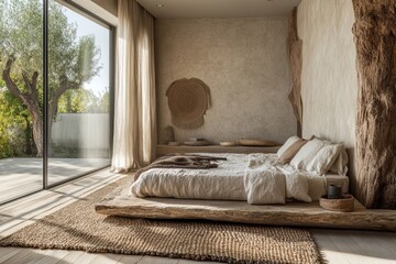 Minimalist bedroom design with natural elements and serene garden views