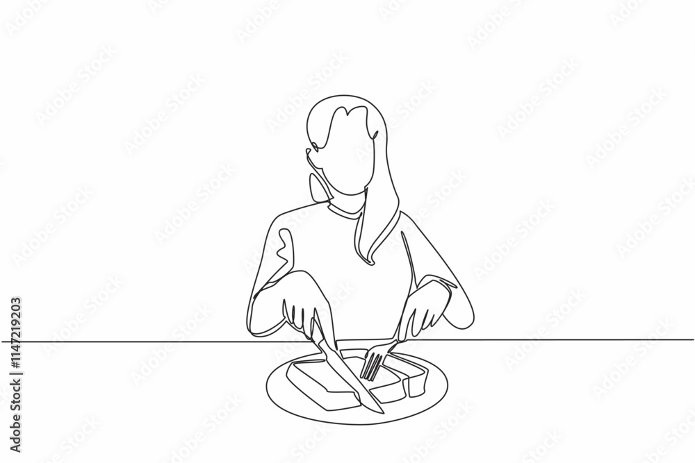 Poster continuous one line drawing a woman cuts thick book with fork and knife into several pieces. interes