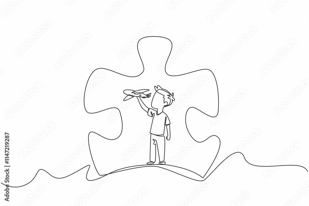 Poster single one line drawing boy playing with airplanes in the middle of a large puzzle piece. complexity