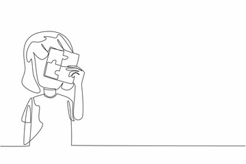 Continuous one line drawing little girl holding a 4 piece square puzzle. Positive influence on the ability to focus. Treatment. World Autism Awareness Day. Single line draw design vector illustration