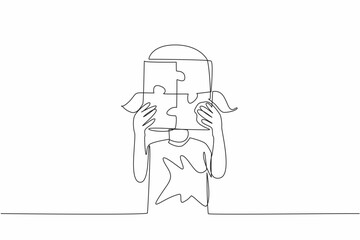 Single continuous line drawing the girl holds with both hands 4 piece puzzle in the shape of a box. A very unique diversity of mindset. World Autism Awareness Day. One line design vector illustration