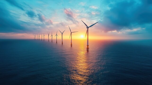 Wind turbines generate renewable energy at sunset over the ocean