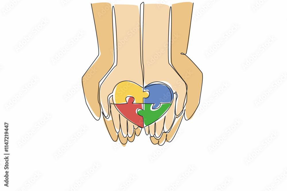 Poster continuous one line drawing 4 piece puzzle in the shape of love on the palm of the hand. protect and