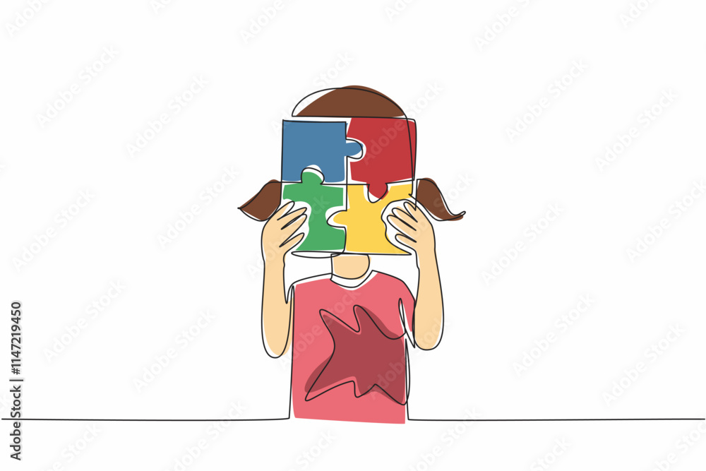 Poster single continuous line drawing the girl holds with both hands 4 piece puzzle in the shape of a box. 
