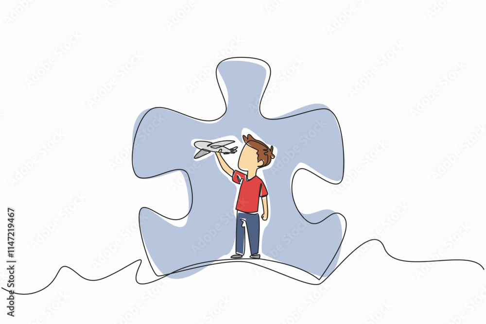 Poster single one line drawing boy playing with airplanes in the middle of a large puzzle piece. complexity