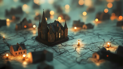 An innovative event planning service uses mystical map pins to highlight venues imbued with supernatural charm. Whisper. Illustration