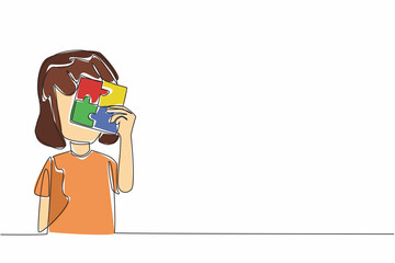 Continuous one line drawing little girl holding a 4 piece square puzzle. Positive influence on the ability to focus. Treatment. World Autism Awareness Day. Single line draw design vector illustration